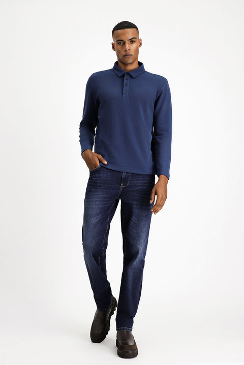 Koyu Lacivert Polo Yaka Slim Fit Dar Kesim Desenli Sweatshirt