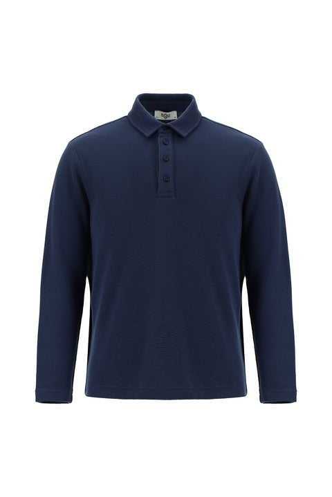 Koyu Lacivert Polo Yaka Slim Fit Dar Kesim Desenli Sweatshirt