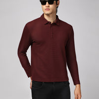 Koyu Bordo Polo Yaka Slim Fit Dar Kesim Desenli Sweatshirt