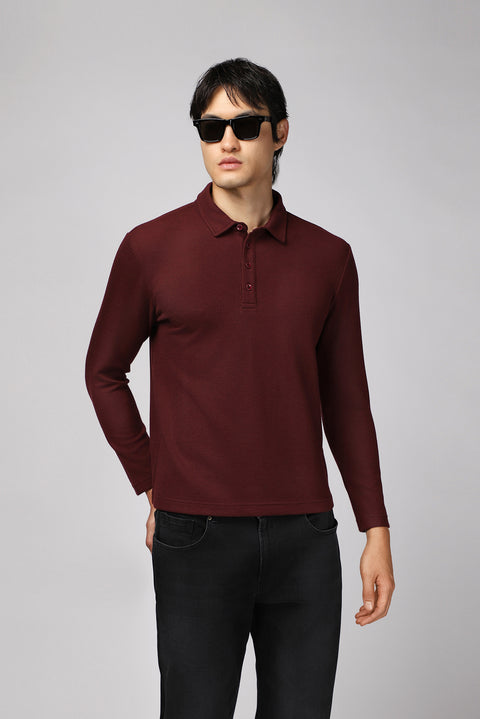 Koyu Bordo Polo Yaka Slim Fit Dar Kesim Desenli Sweatshirt