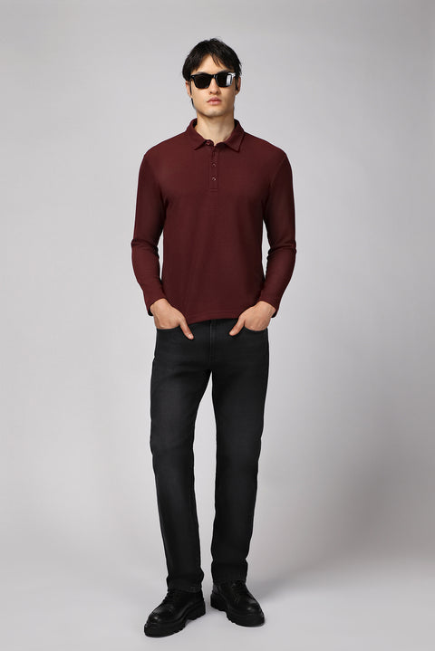 Koyu Bordo Polo Yaka Slim Fit Dar Kesim Desenli Sweatshirt