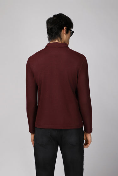  Koyu Bordo Polo Yaka Slim Fit Dar Kesim Desenli Sweatshirt
