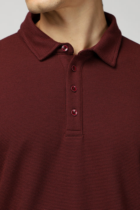Koyu Bordo Polo Yaka Slim Fit Dar Kesim Desenli Sweatshirt