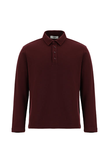 Koyu Bordo Polo Yaka Slim Fit Dar Kesim Desenli Sweatshirt