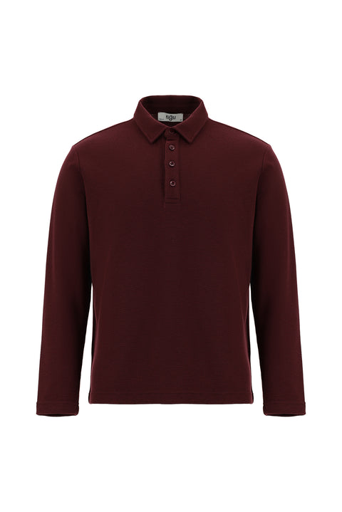 Koyu Bordo Polo Yaka Slim Fit Dar Kesim Desenli Sweatshirt