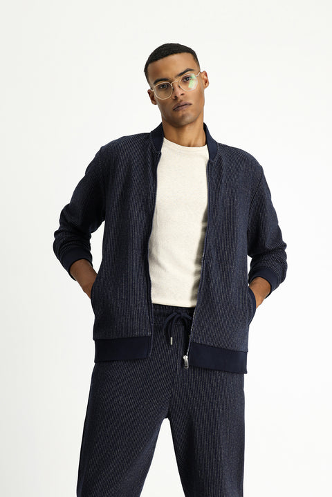 Koyu Lacivert Çizgili Fermuarlı Sweatshirt