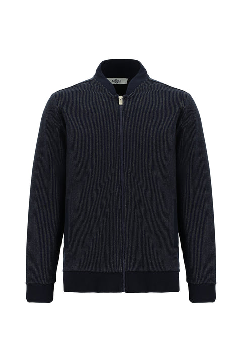 Koyu Lacivert Çizgili Fermuarlı Sweatshirt