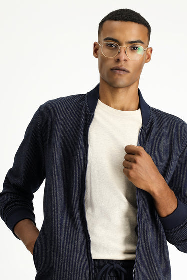  Koyu Lacivert Çizgili Fermuarlı Sweatshirt