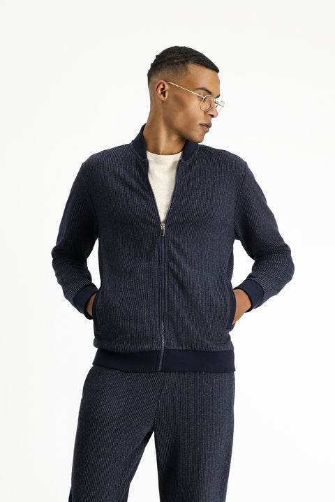 Koyu Lacivert Çizgili Fermuarlı Sweatshirt