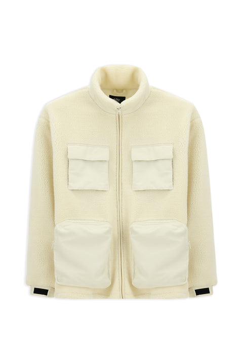 Off-white plush sweatshirt with zippered pockets.
