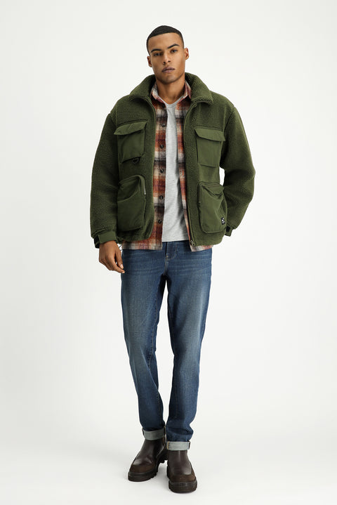 Medium Khaki Plush Sweatshirt with Zipper and Pockets