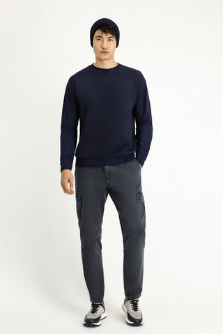  Koyu Lacivert Bisiklet Yaka Regular Fit Desenli Pamuklu Sweatshirt