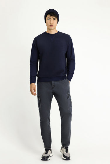 Koyu Lacivert Bisiklet Yaka Regular Fit Desenli Pamuklu Sweatshirt