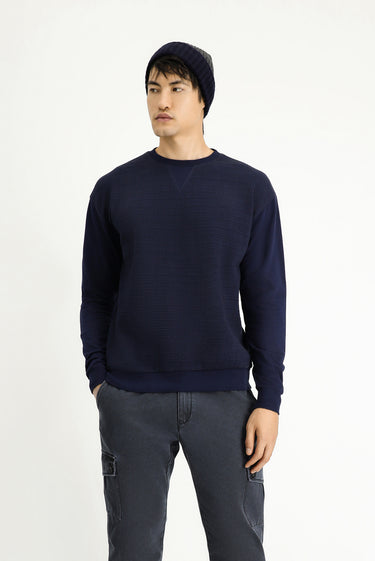 Koyu Lacivert Bisiklet Yaka Regular Fit Desenli Pamuklu Sweatshirt