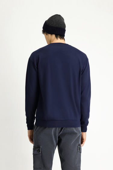 Koyu Lacivert Bisiklet Yaka Regular Fit Desenli Pamuklu Sweatshirt