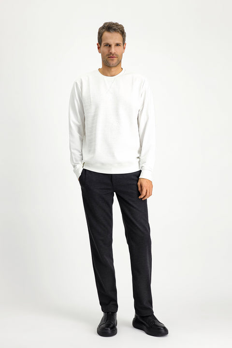 Kırık Beyaz Bisiklet Yaka Regular Fit Desenli Pamuklu Sweatshirt