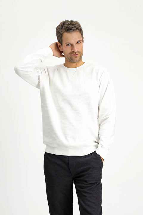 Kırık Beyaz Bisiklet Yaka Regular Fit Desenli Pamuklu Sweatshirt