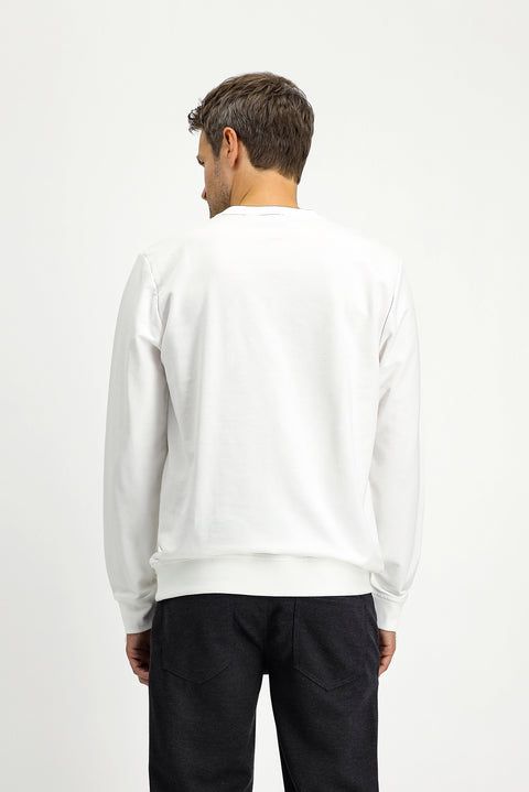Kırık Beyaz Bisiklet Yaka Regular Fit Desenli Pamuklu Sweatshirt