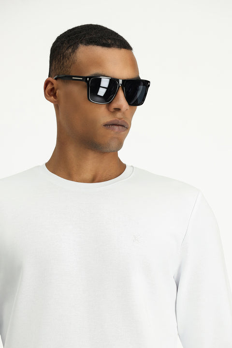 Beyaz Bisiklet Yaka Regular Fit Pamuklu Sweatshirt