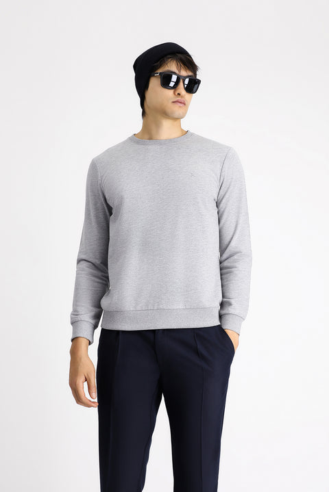 Medium Grey Melange Crew Neck Regular Fit Cotton Sweatshirt