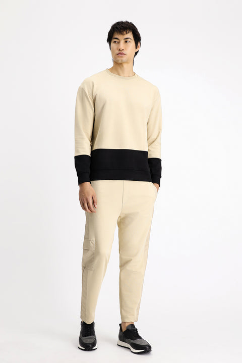 Orta Bej Bisiklet Yaka Oversize Desenli Pamuklu Sweatshirt