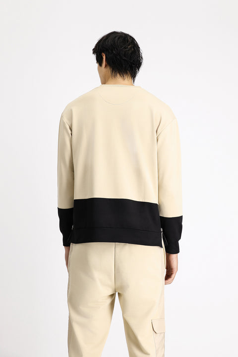 Orta Bej Bisiklet Yaka Oversize Desenli Pamuklu Sweatshirt