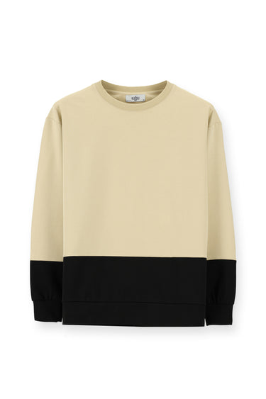 Orta Bej Bisiklet Yaka Oversize Desenli Pamuklu Sweatshirt