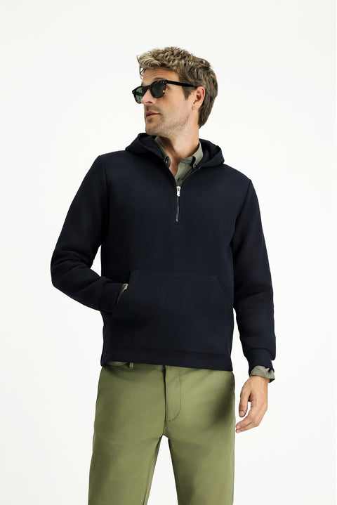 Koyu Lacivert Kapüşonlu Regular Fit Desenli Fermuarlı Pamuklu Sweatshirt