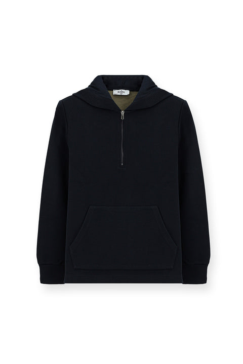 Koyu Lacivert Kapüşonlu Regular Fit Desenli Fermuarlı Pamuklu Sweatshirt