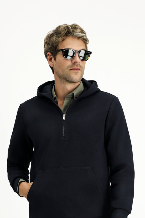 Koyu Lacivert Kapüşonlu Regular Fit Desenli Fermuarlı Pamuklu Sweatshirt