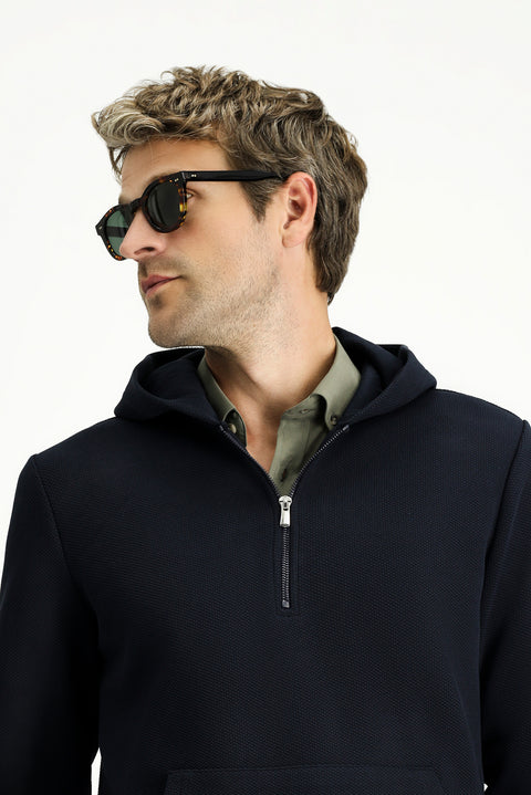 Koyu Lacivert Kapüşonlu Regular Fit Desenli Fermuarlı Pamuklu Sweatshirt