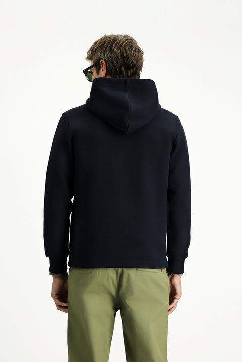 Koyu Lacivert Kapüşonlu Regular Fit Desenli Fermuarlı Pamuklu Sweatshirt