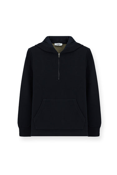 Koyu Lacivert Kapüşonlu Regular Fit Desenli Fermuarlı Pamuklu Sweatshirt