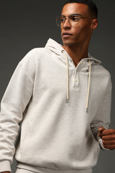 Açık Bej Kapüşonlu Desenli Pamuklu Sweatshirt