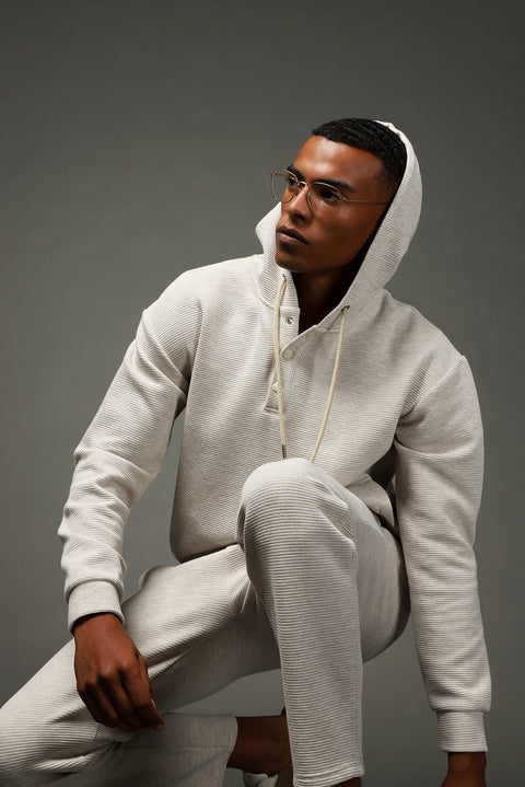 Açık Bej Kapüşonlu Desenli Pamuklu Sweatshirt