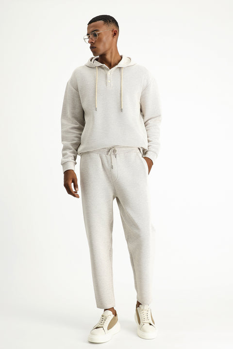 Açık Bej Kapüşonlu Desenli Pamuklu Sweatshirt