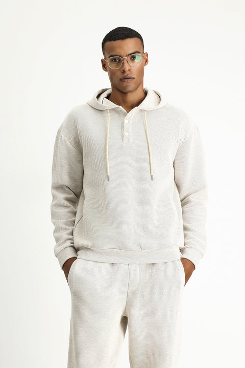 Açık Bej Kapüşonlu Desenli Pamuklu Sweatshirt