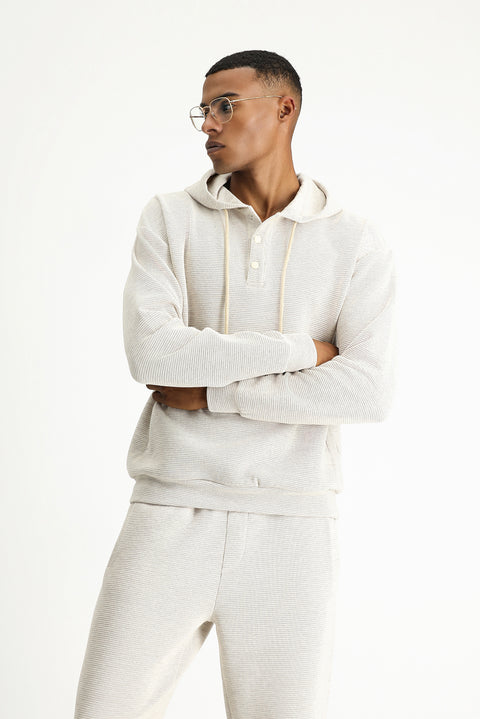 Açık Bej Kapüşonlu Desenli Pamuklu Sweatshirt