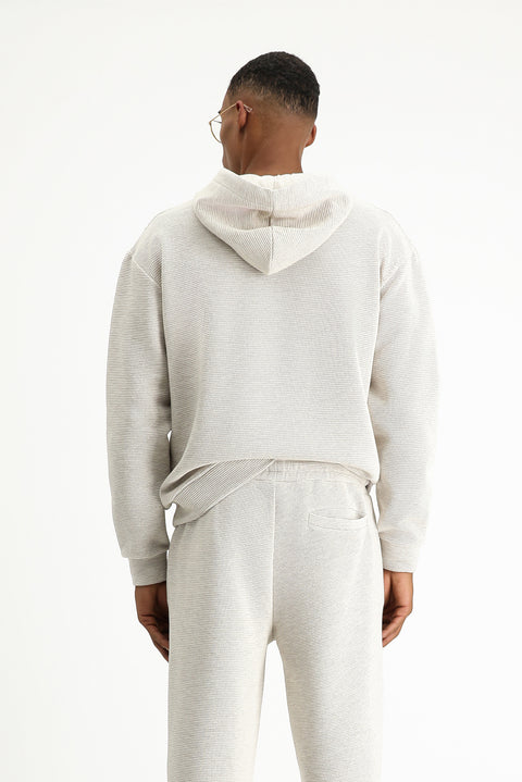 Açık Bej Kapüşonlu Desenli Pamuklu Sweatshirt