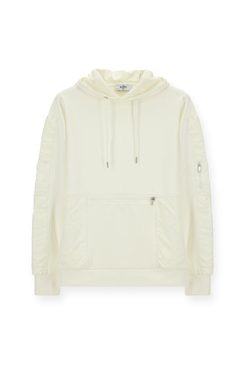 Kırık Beyaz Kapüşonlu Oversize Fermuarlı Pamuklu Sweatshirt