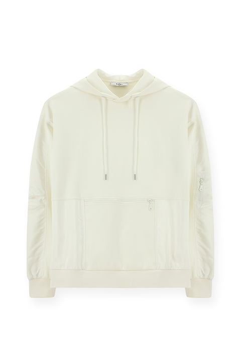 Kırık Beyaz Kapüşonlu Oversize Fermuarlı Pamuklu Sweatshirt