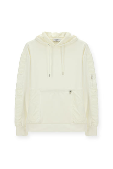 Kırık Beyaz Kapüşonlu Oversize Fermuarlı Pamuklu Sweatshirt