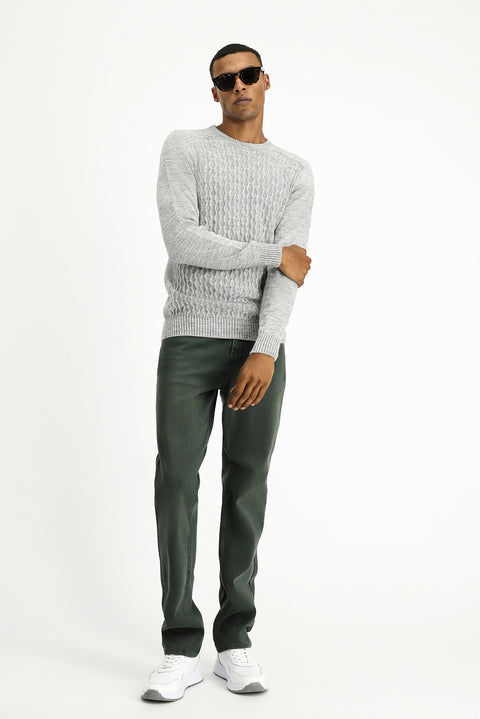 Açık Gri Melanj Bisiklet Yaka Regular Fit Dikişsiz Desenli Triko Kazak