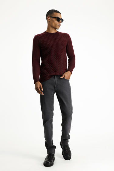  Koyu Bordo Bisiklet Yaka Regular Fit Dikişsiz Desenli Triko Kazak