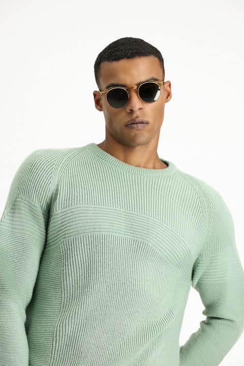 Mint Yeşili Bisiklet Yaka Regular Fit Dikişsiz Desenli Triko Kazak