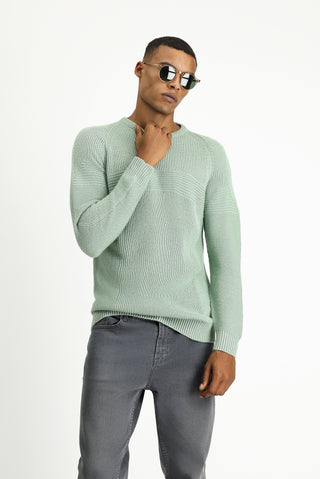  Mint Yeşili Bisiklet Yaka Regular Fit Dikişsiz Desenli Triko Kazak