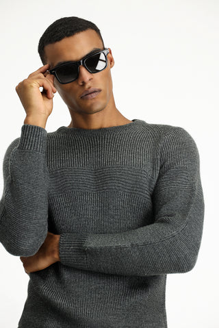  Orta Antrasit Bisiklet Yaka Regular Fit Desenli Triko Kazak