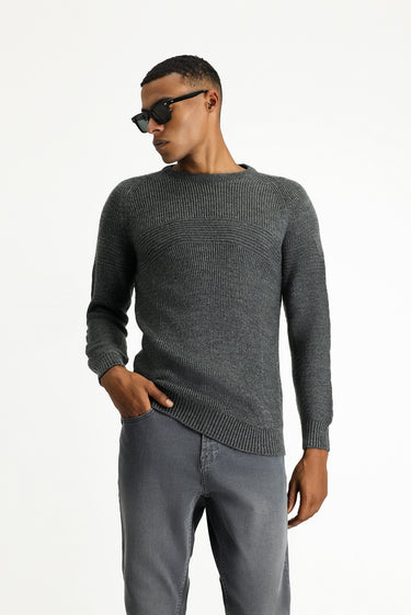 Orta Antrasit Bisiklet Yaka Regular Fit Dikişsiz Desenli Triko Kazak