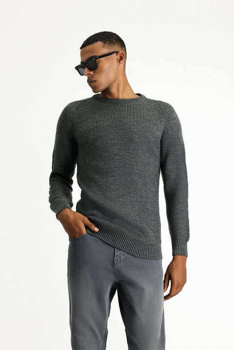 Orta Antrasit Bisiklet Yaka Regular Fit Desenli Triko Kazak