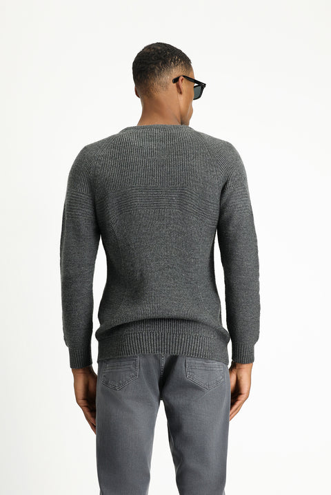 Orta Antrasit Bisiklet Yaka Regular Fit Dikişsiz Desenli Triko Kazak